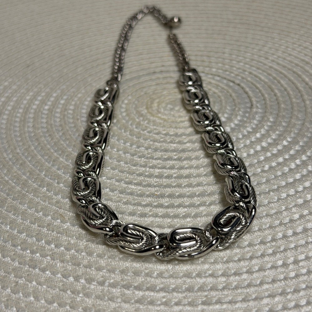 Vintage Silver Tone Byzantine Curb Chain Hook Clasp Necklace 15 Inch Chunky